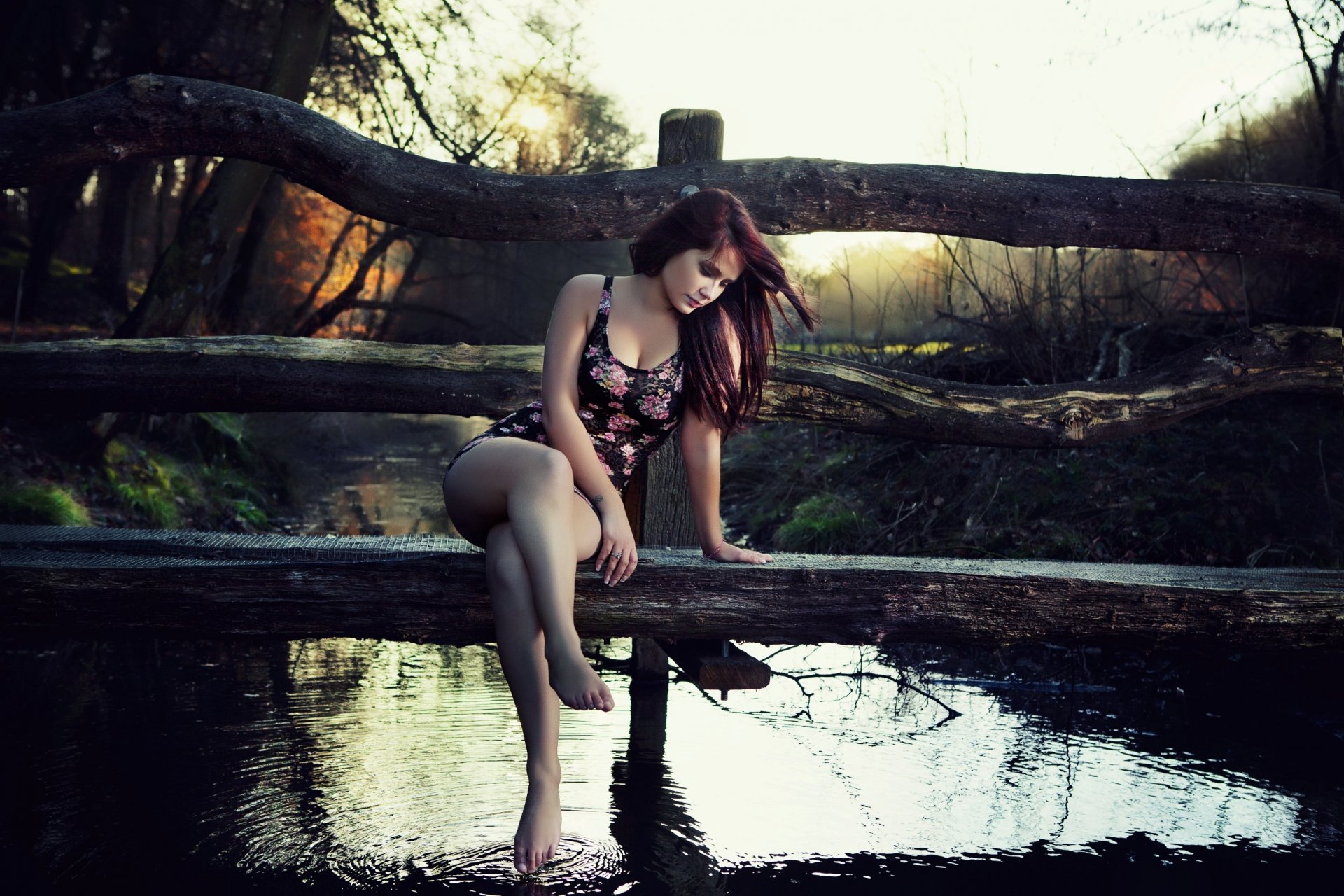 girl nature wood bridge