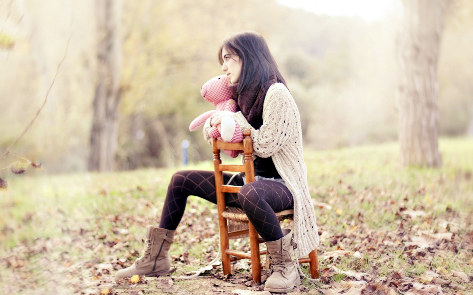 ituations girl brunette jacket shoes look. toy pink cage nature trees leaves willow autumn background mood wallpaper widescreen