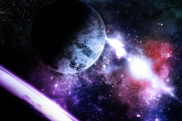 Космическое пространство с планетой и фиолетовой звездой