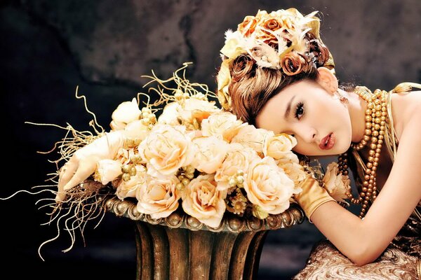 Asian model in white roses