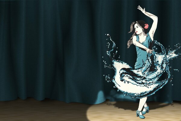 Tänzerin in einem ungewöhnlichen Kleid, unter Flutlicht