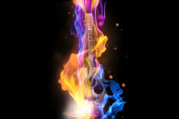 Une guitare basse brûle une flamme bleue et orange sur un fond noir