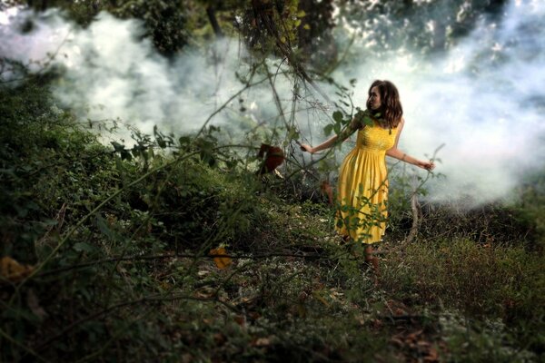 Ragazza nella foschia magica della foresta