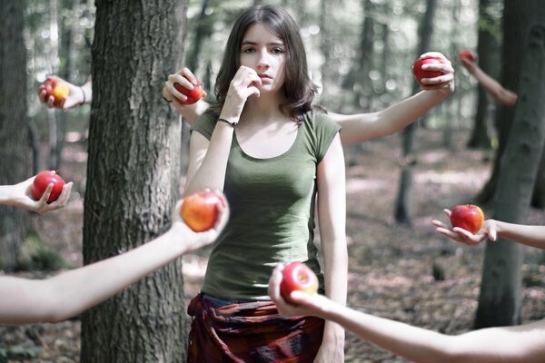 Abstraction a girl is offered apples