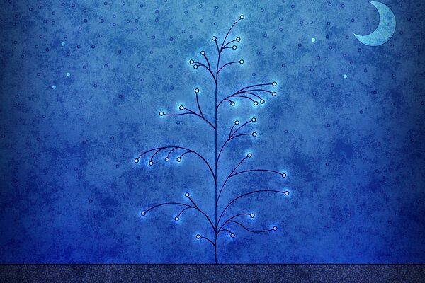 A tree on the background of a starry moonlit night