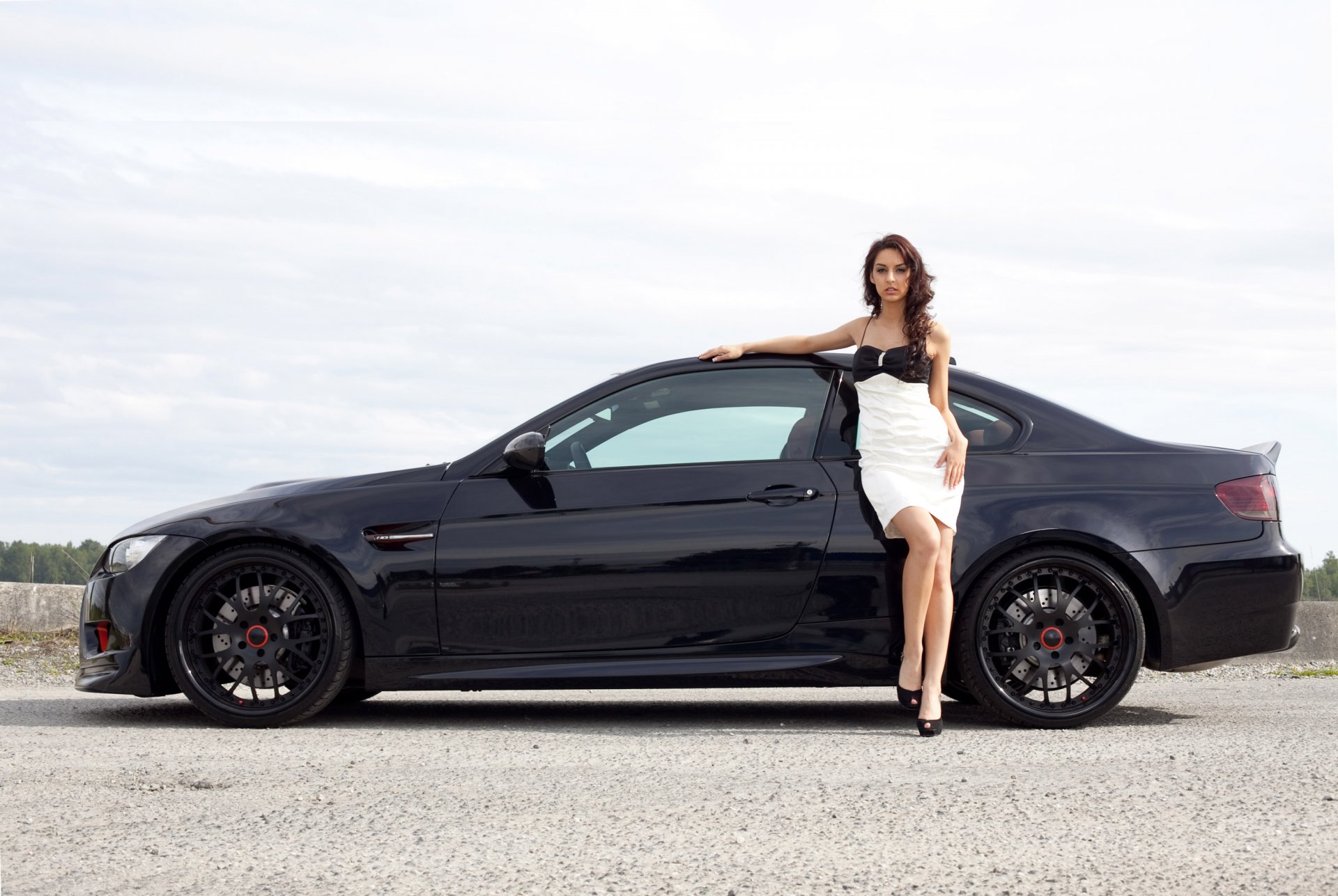 bmw m3 girl beautiful dress drives wheel hair black