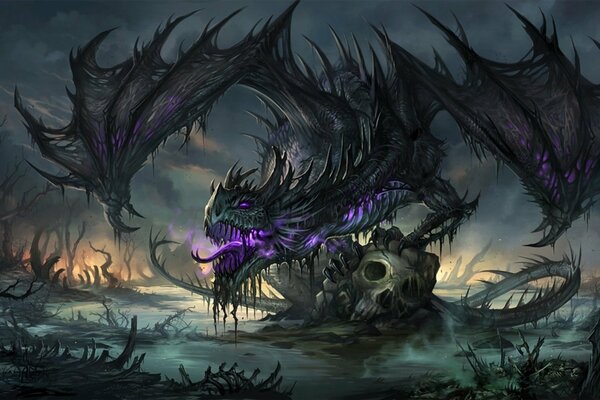 Art of a terrifying dragon in a swamp with skulls