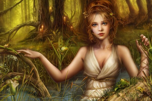 Girl in the lake with frogs in fantasy style