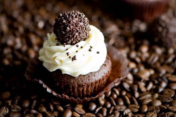 Kaffeemuffin mit Schokoladenbonbon auf Creme