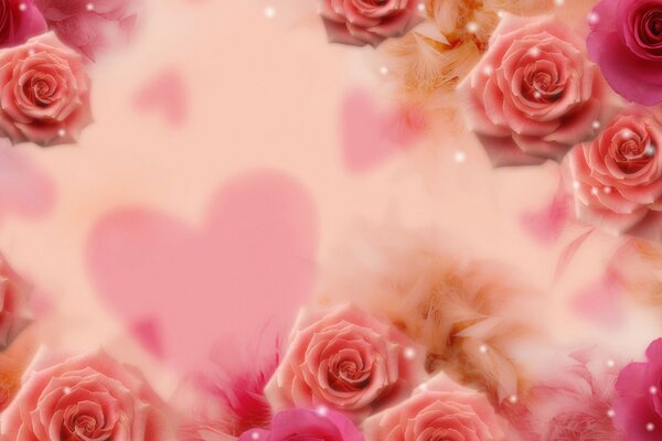 Romantic wallpaper with hearts and pink roses