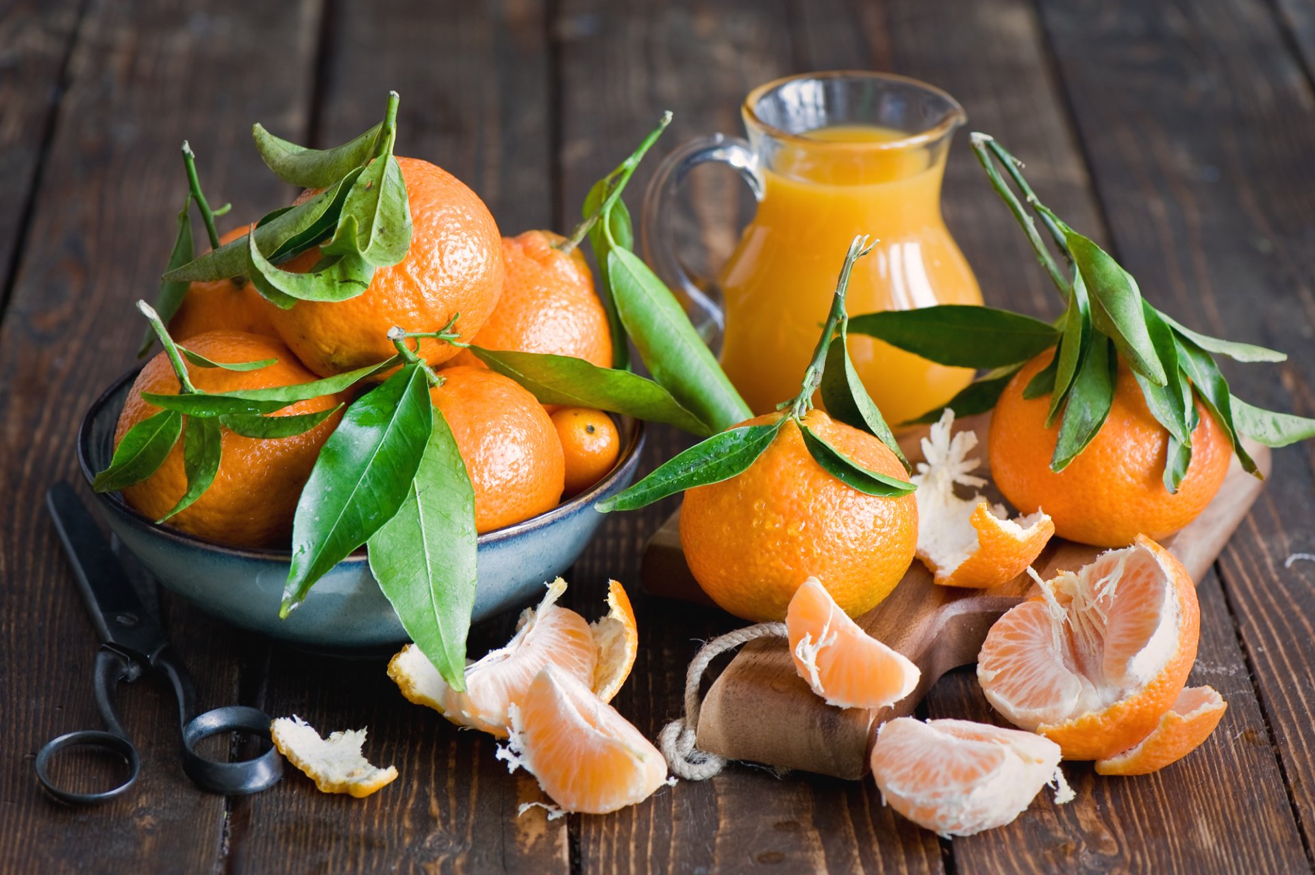 mandarinen früchte zitrusfrüchte blätter schale scheiben saft krug karaffe tafel schere geschirr anna verdina