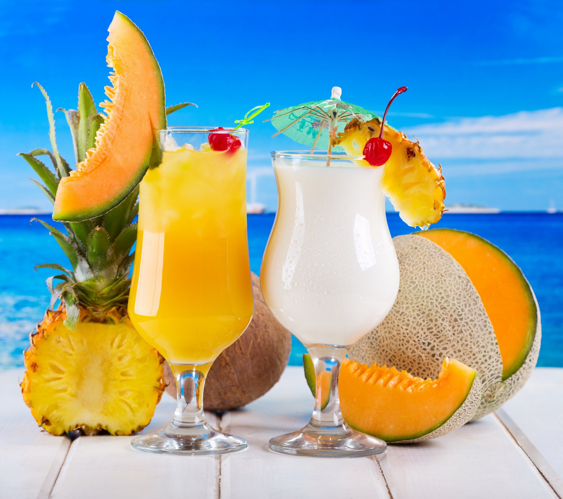 tropical cocktail drink fruits fresh sea pineapple melon cherry coconut