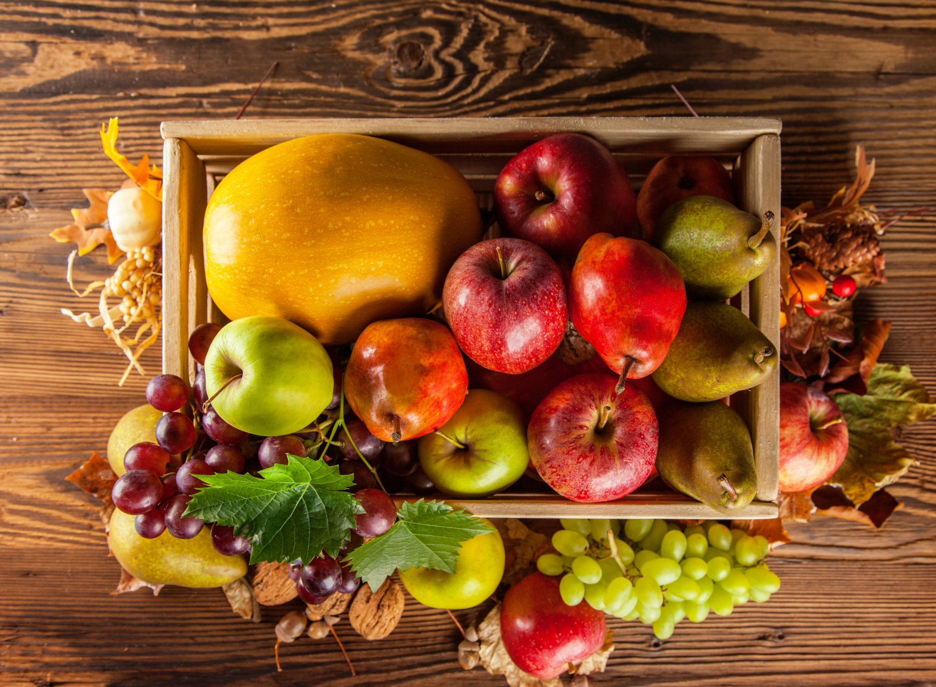 autumn vintage fruits vegetables pumpkin grapes pear apples box