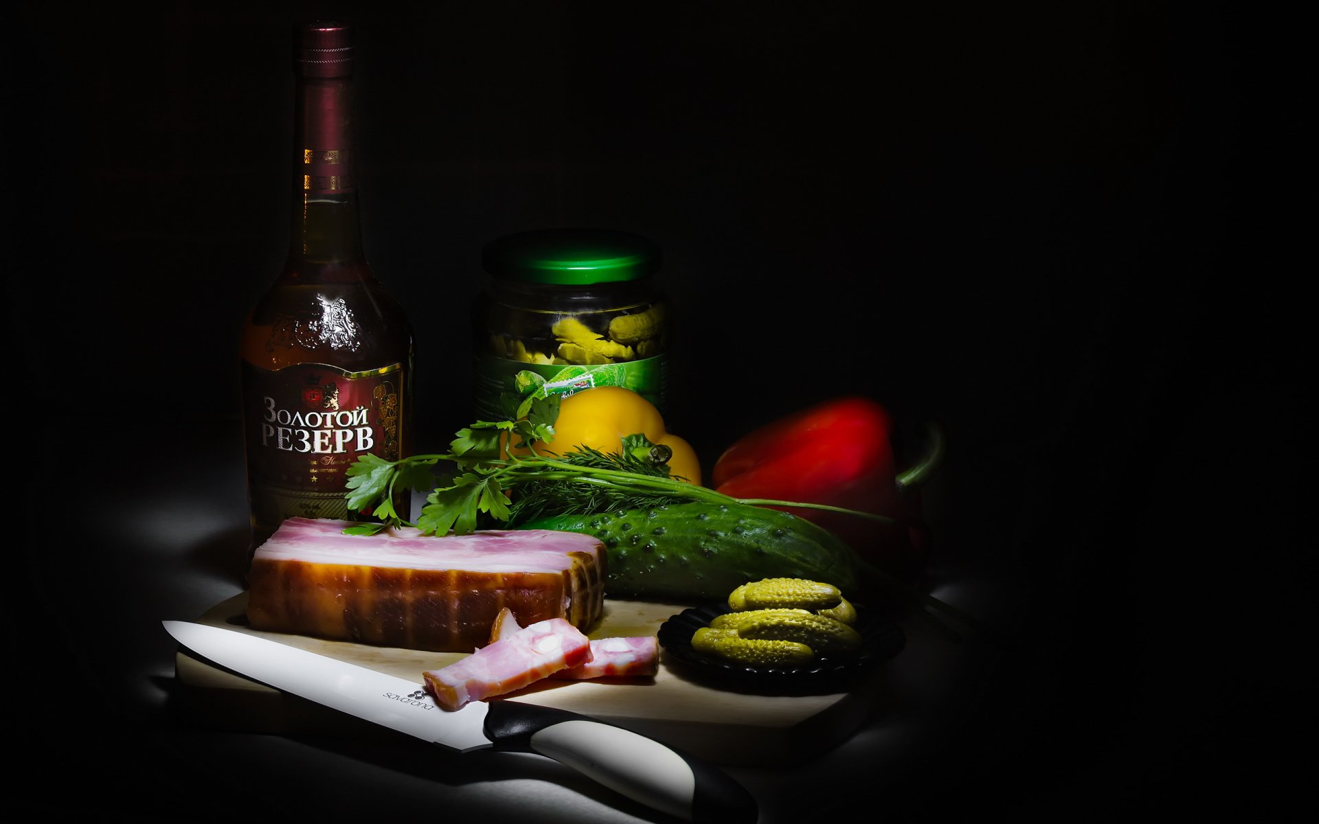 alcohol green composition brandy meat still life knife vegetables cucumber pepper products fat