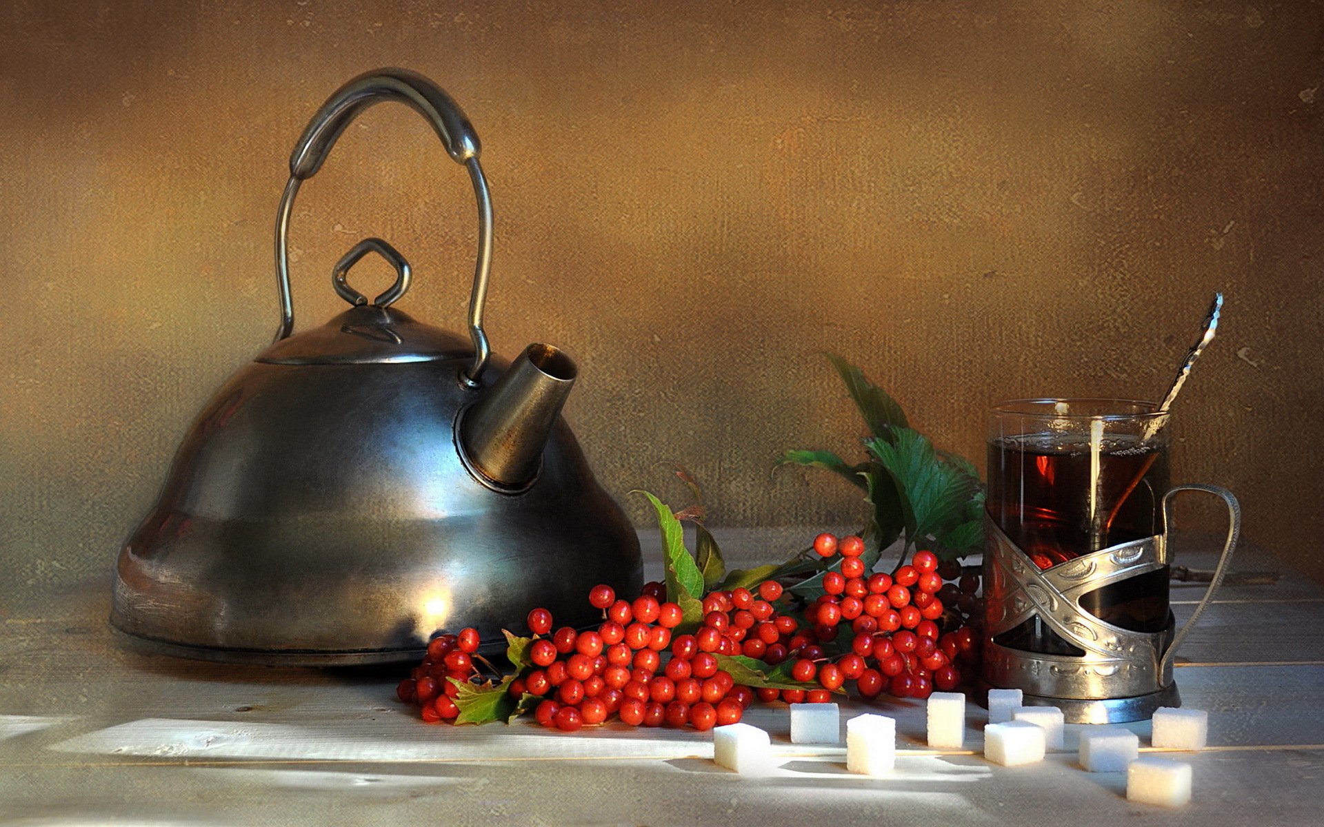 kalina composition drink still life autumn background tea berrie