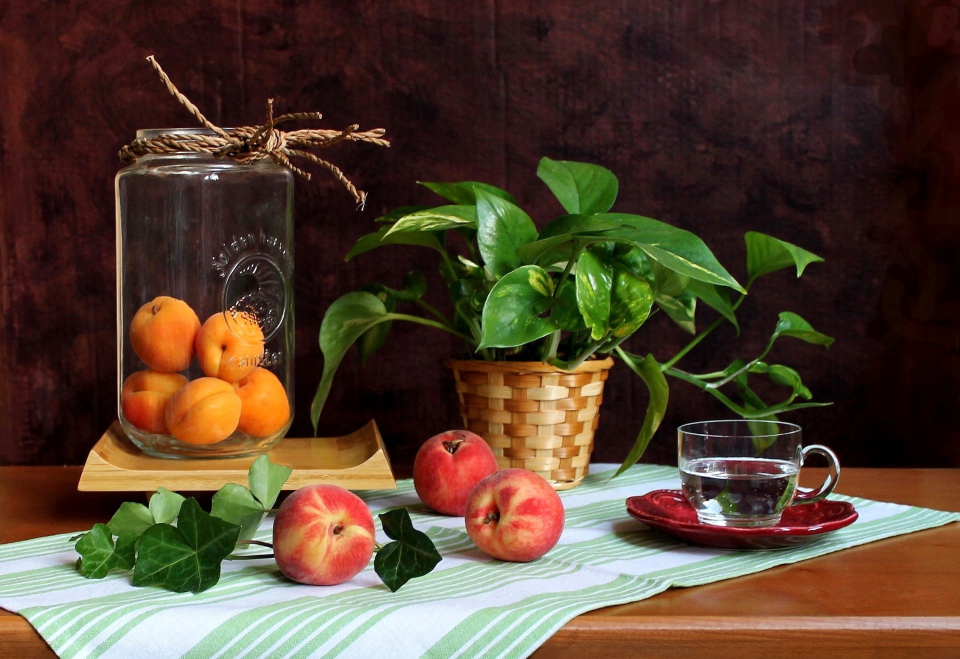 abricots pot pêches fruits tasse eau fleur nature morte