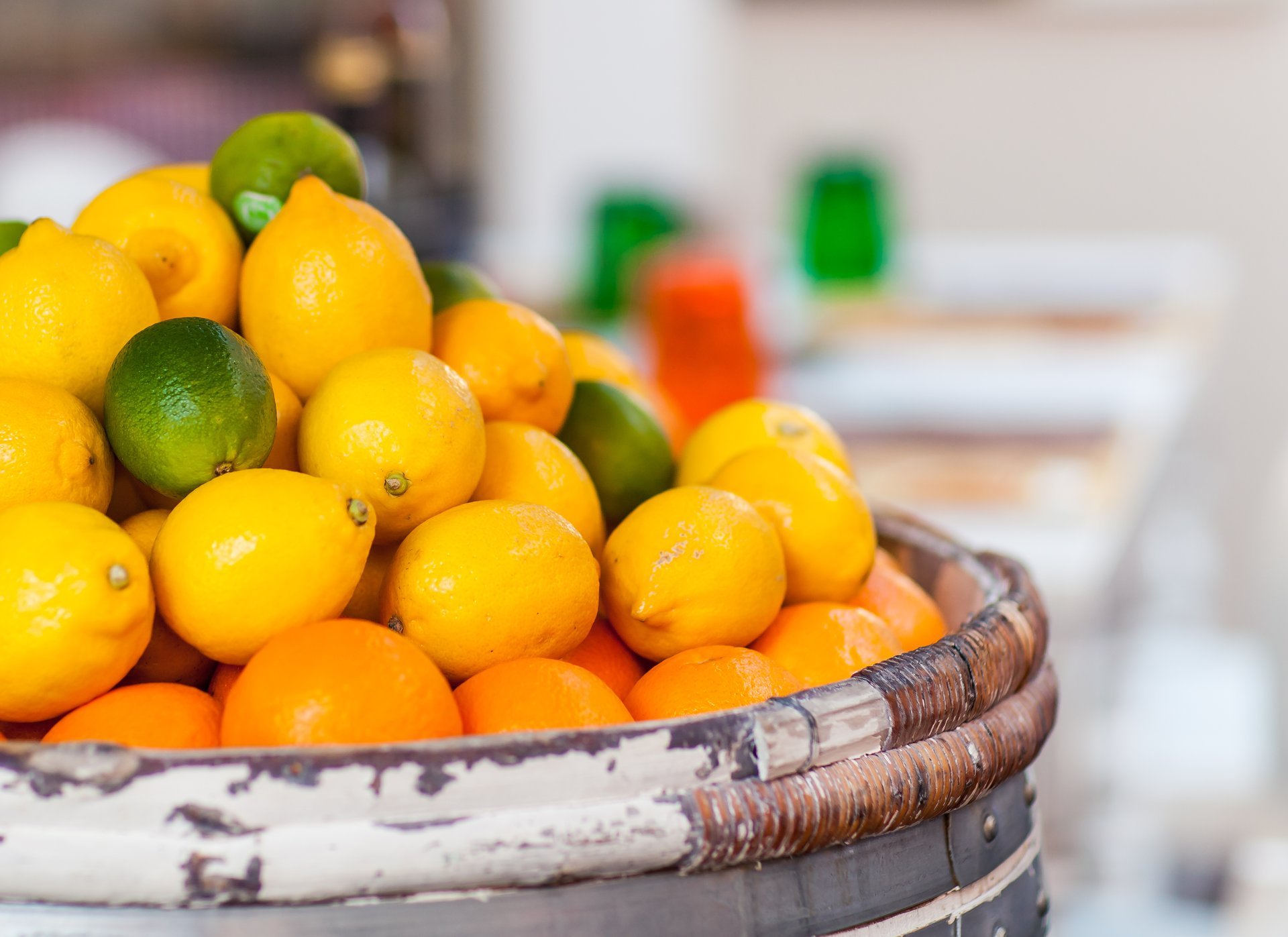 lemons orange lima citrus fruits barrels focus blur