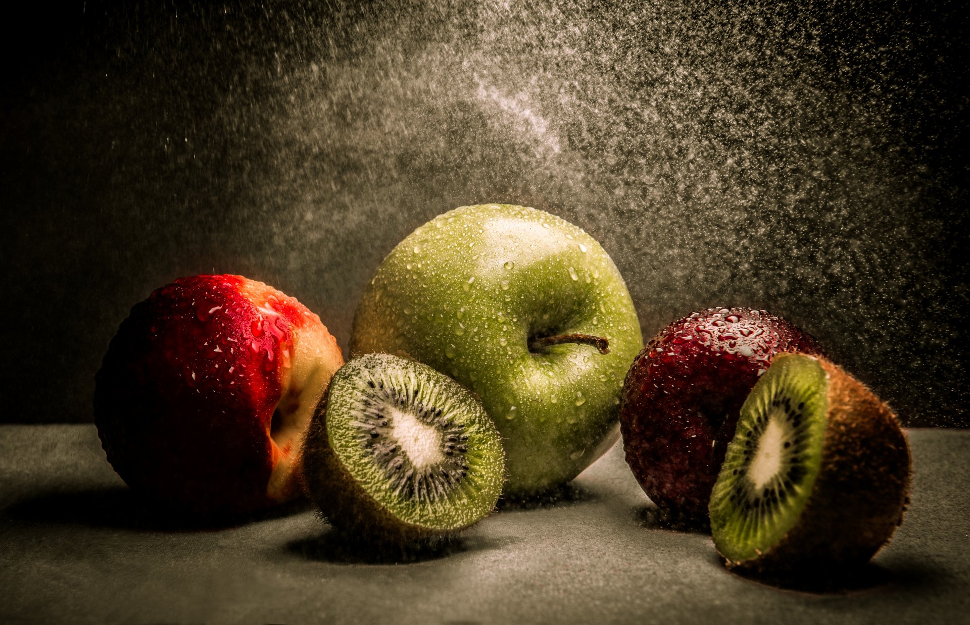 apple peaches kiwi drops water fruits still life