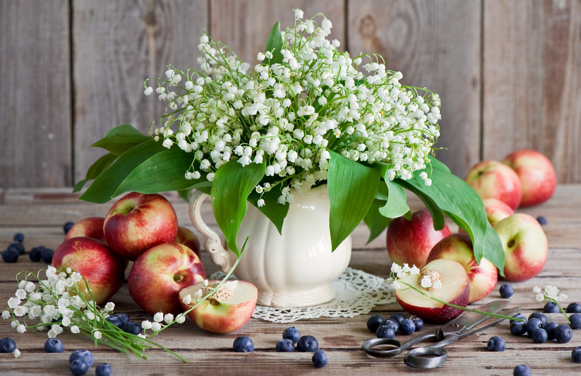 flowers lilies of the valley peaches blueberries peach blueberrie