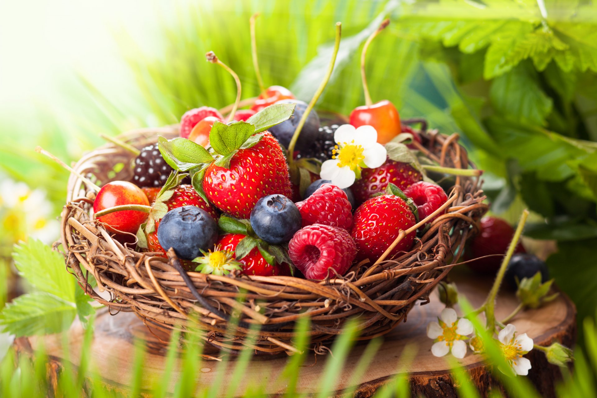 cesta hojas flores bayas fresas arándanos frambuesas moras cerezas