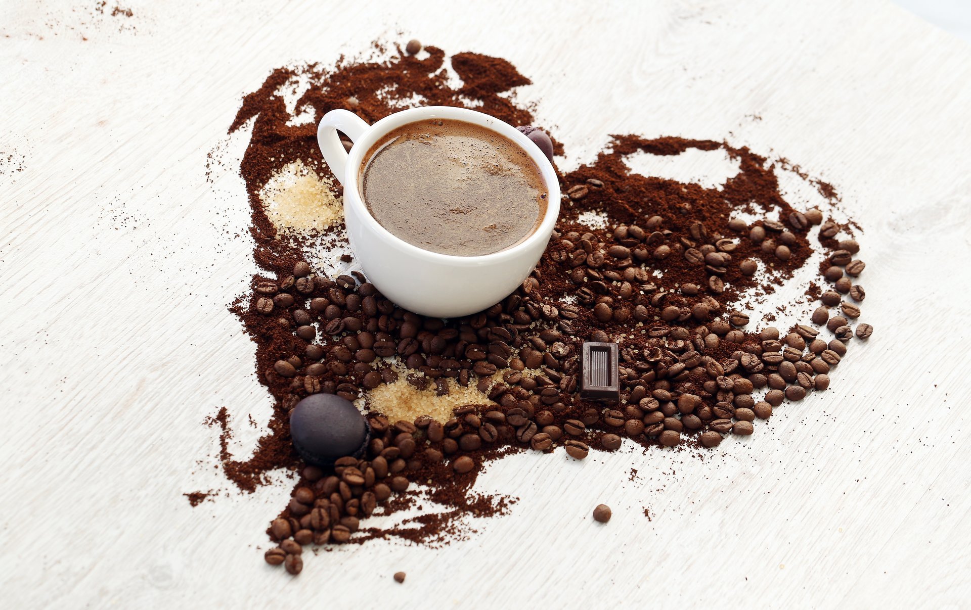 café tasse blanc grains sucre chocolat biscuit coeur