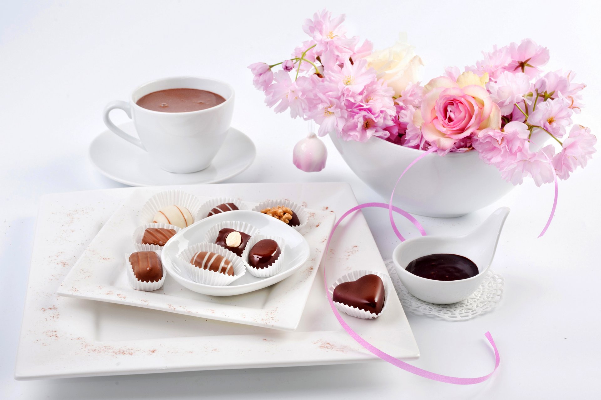 bonbons chocolat fleurs sakura vacances 8 mars cacao tasse rose