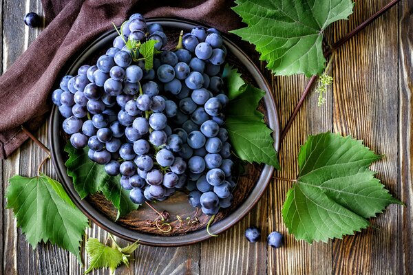 Uvas fragantes en vajilla de cerámica