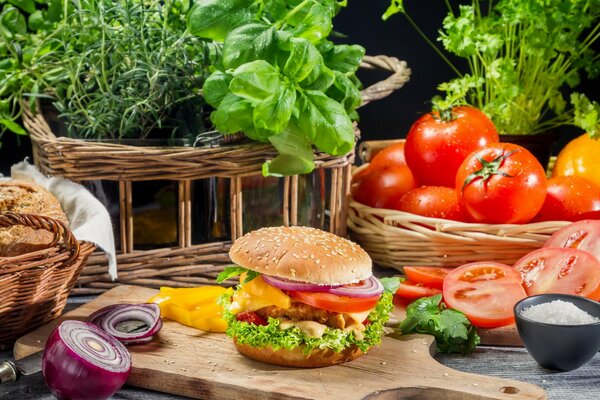 Hamburger with onions, tomatoes and cutlet