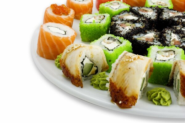 A plate with different types of sushi