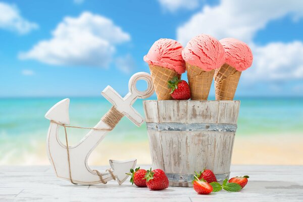 Strawberry ice cream by the sea