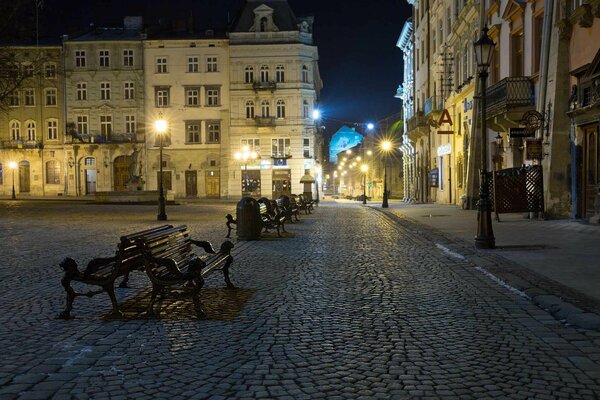 The evening city of Lviv in Ukraine