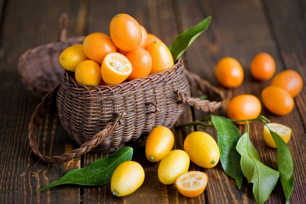 In the picture citrus fruits with leaves in a basket