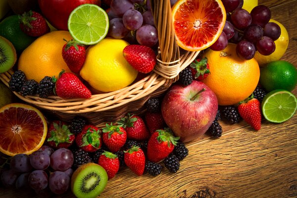 Still life from a basket with different fruits