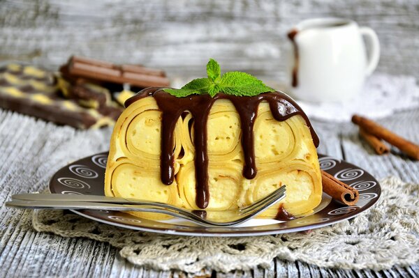 Dessert of pancakes in chocolate for you