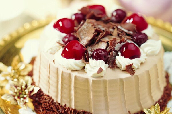 Dessert, Kuchen mit Sahne, Kirschen und Schokoladenstückchen