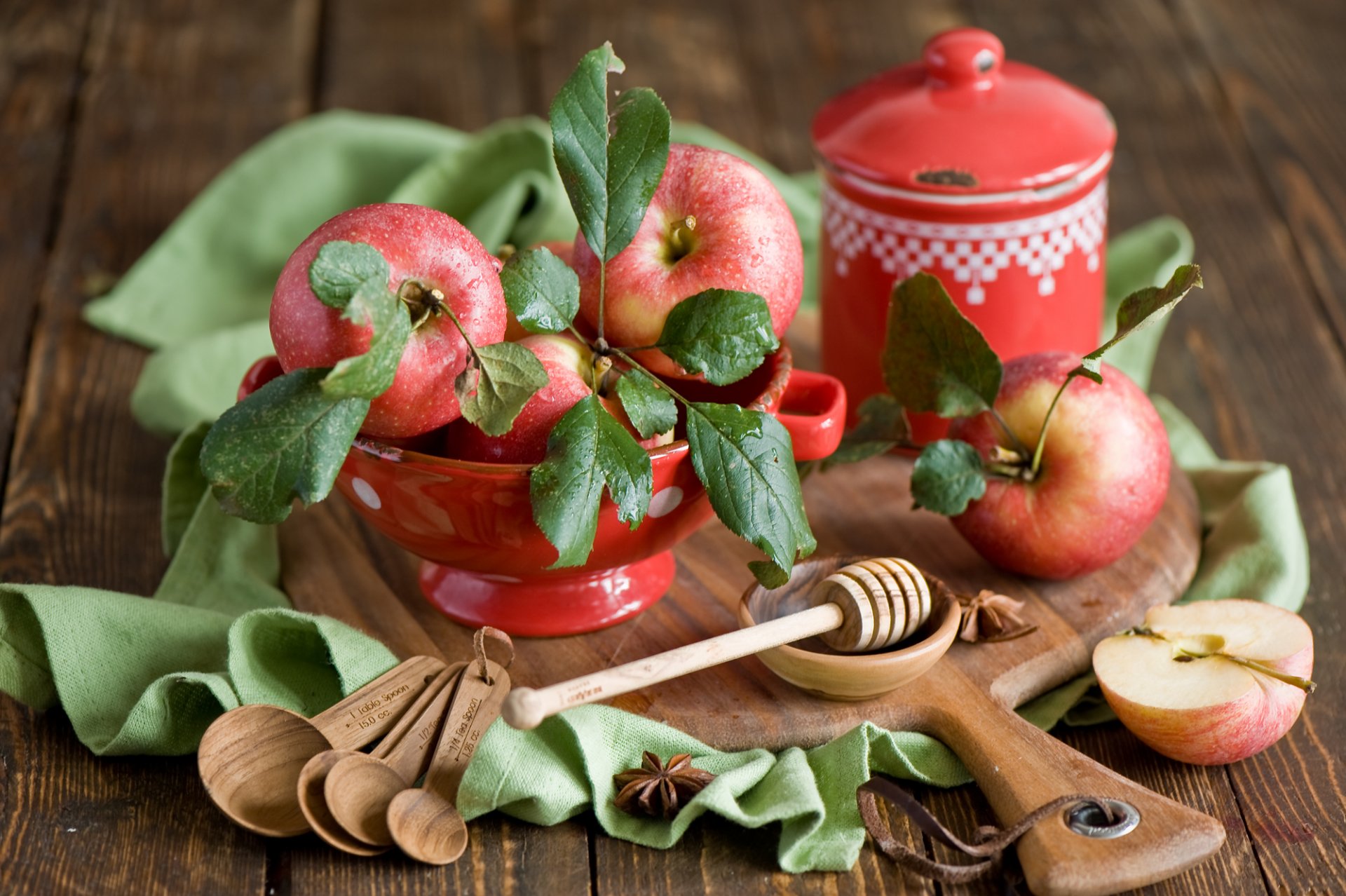 apples red fruits drops tableware board spoon still life autumn anna verdina