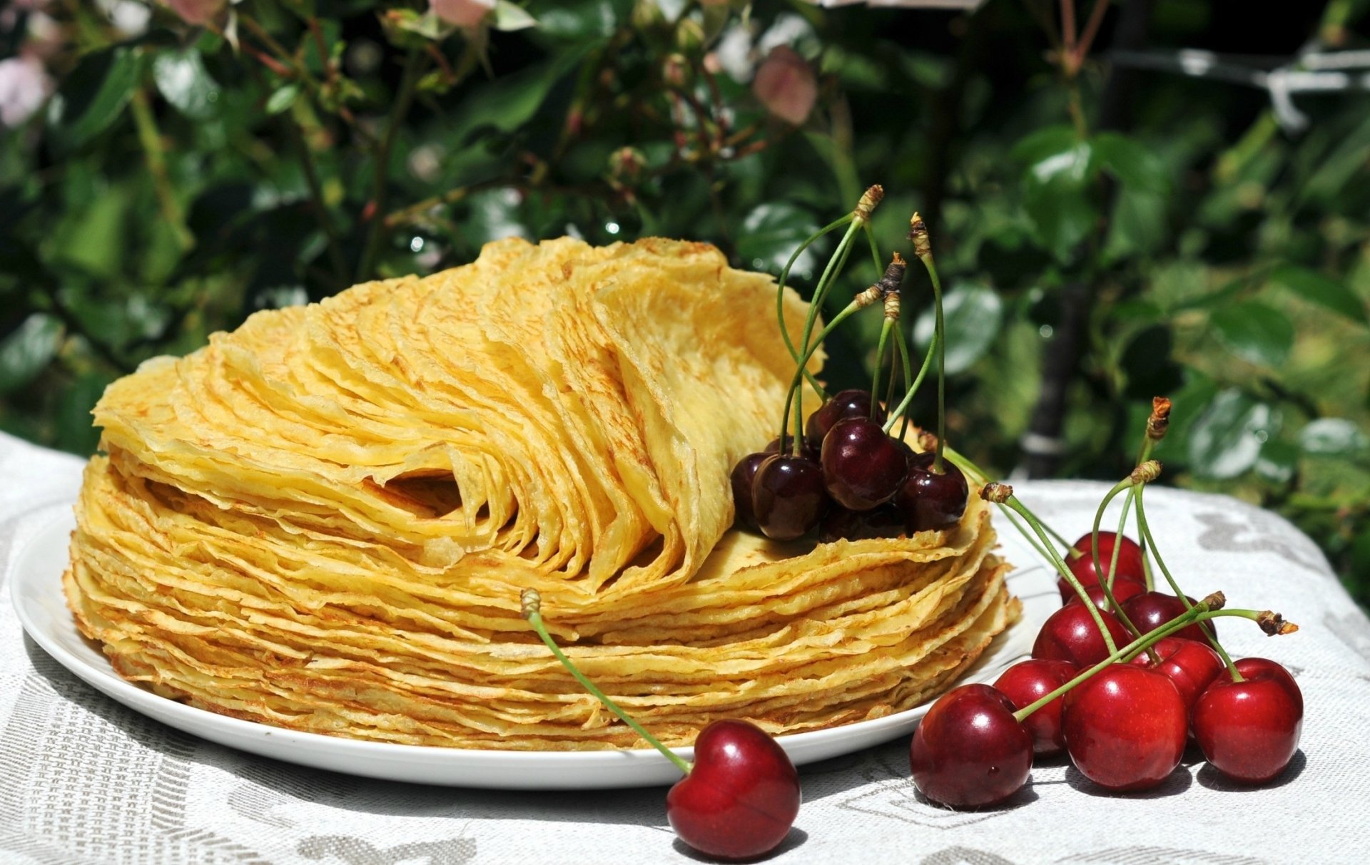 table plate pancakes cherry cherry light