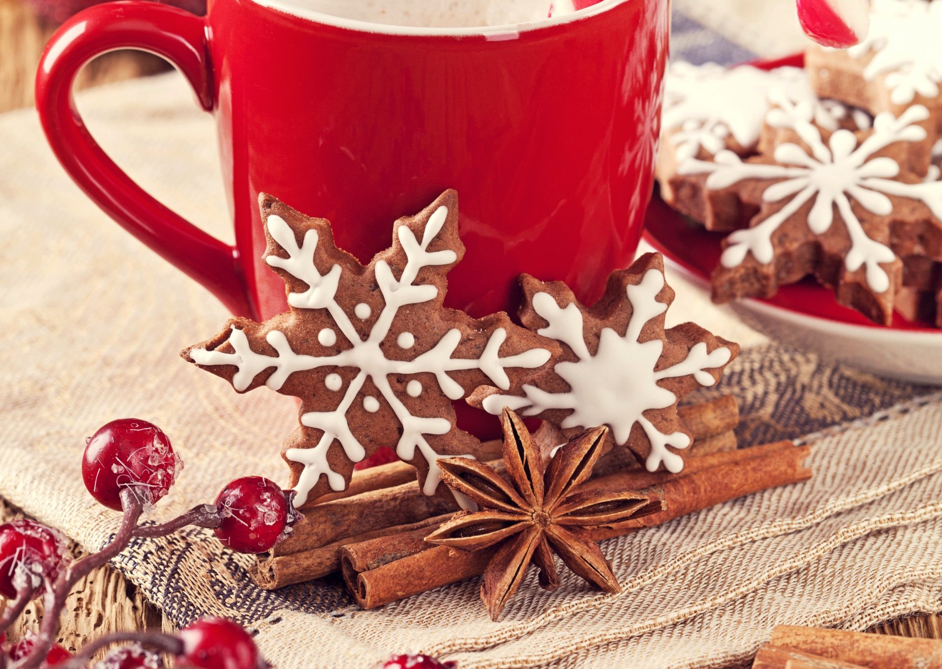 biscotti capodanno fiocchi di neve spezie cannella anice anice stellato cottura dolci agrifoglio bacche rosso tazza natale capodanno