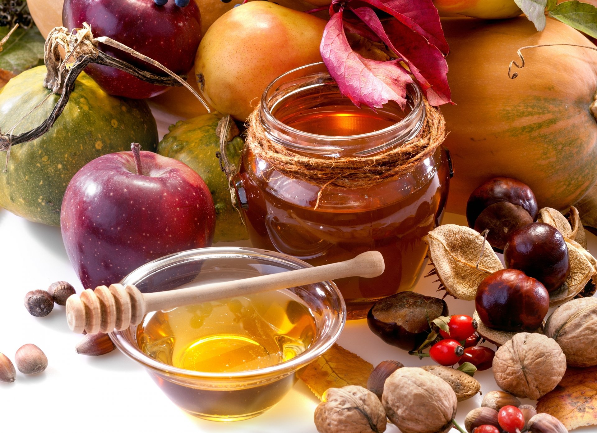 honey jar apple pear fruits vegetables nuts chestnut food autumn