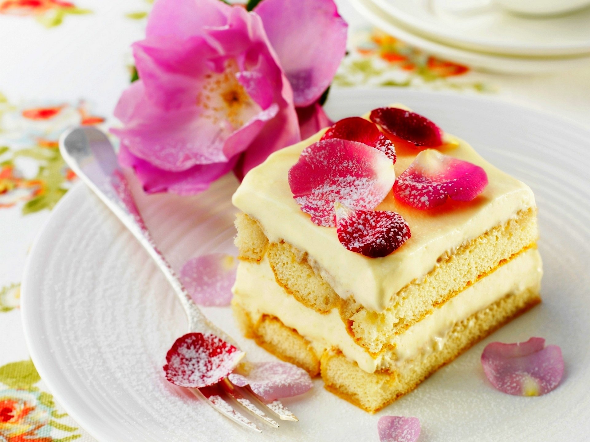 dessert creme kuchen kuchen süß lebensmittel lebensmittel rosen blütenblätter blume