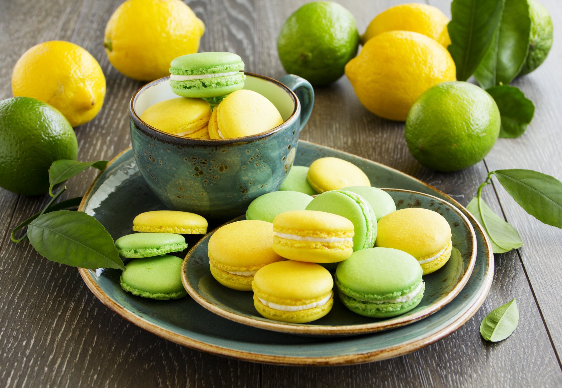 macaroon cookies green yellow lima lemon citrus fruits dessert cup dish