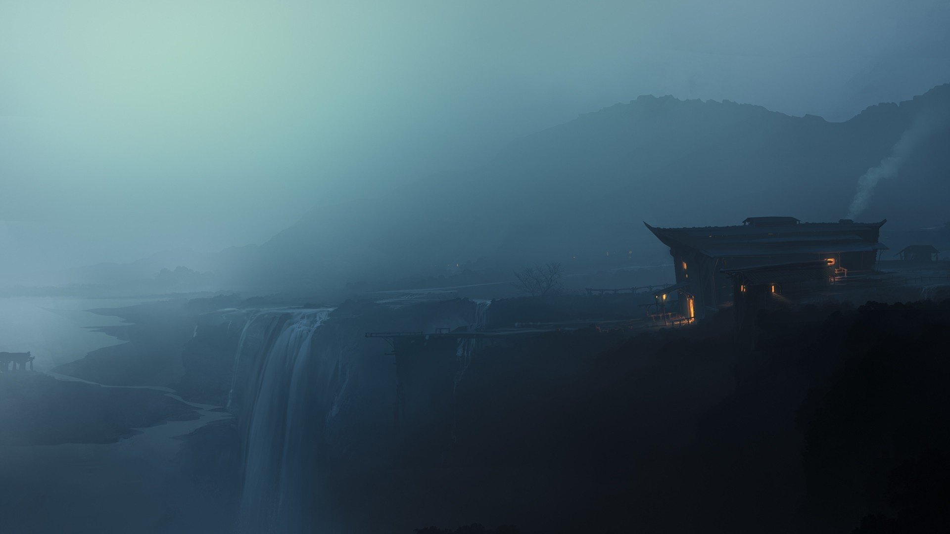 dalina oscuridad niebla acantilado cascada casa luz humo