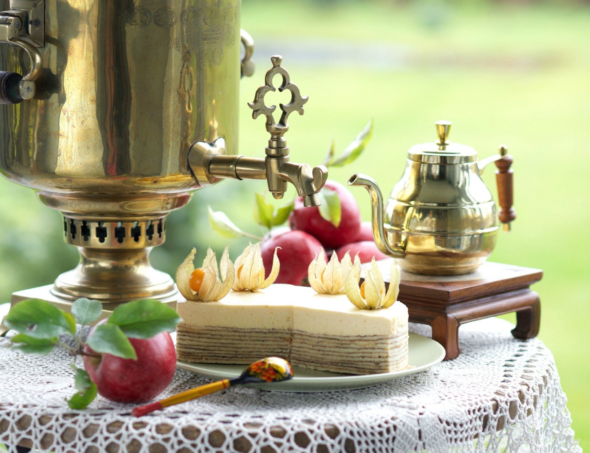 tea cake samovar apple spoon