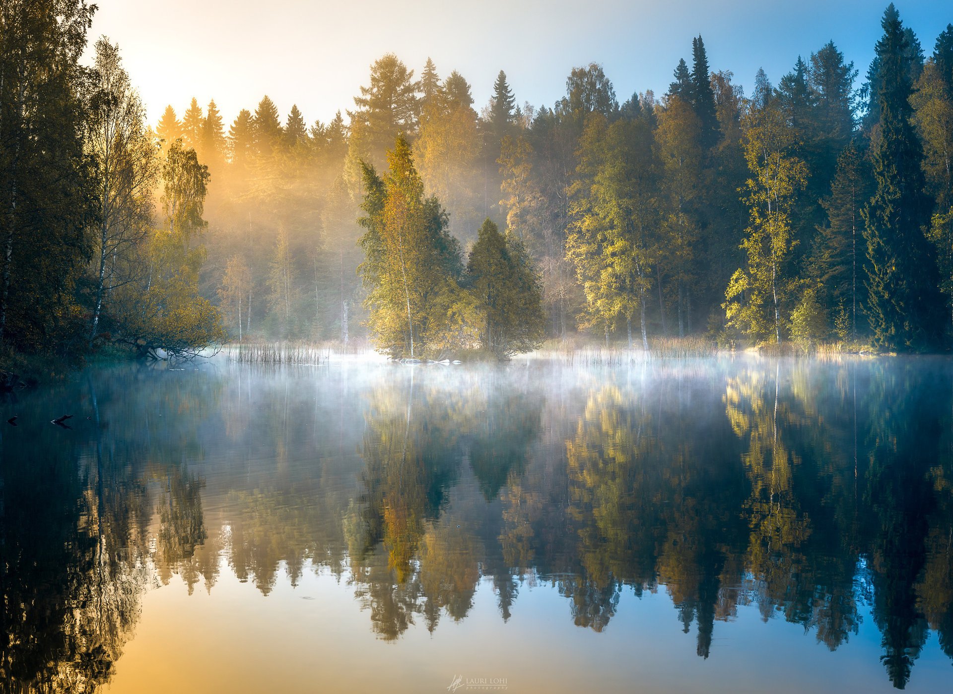 natura jesień finlandia las staw jezioro poranek wschód słońca mgła