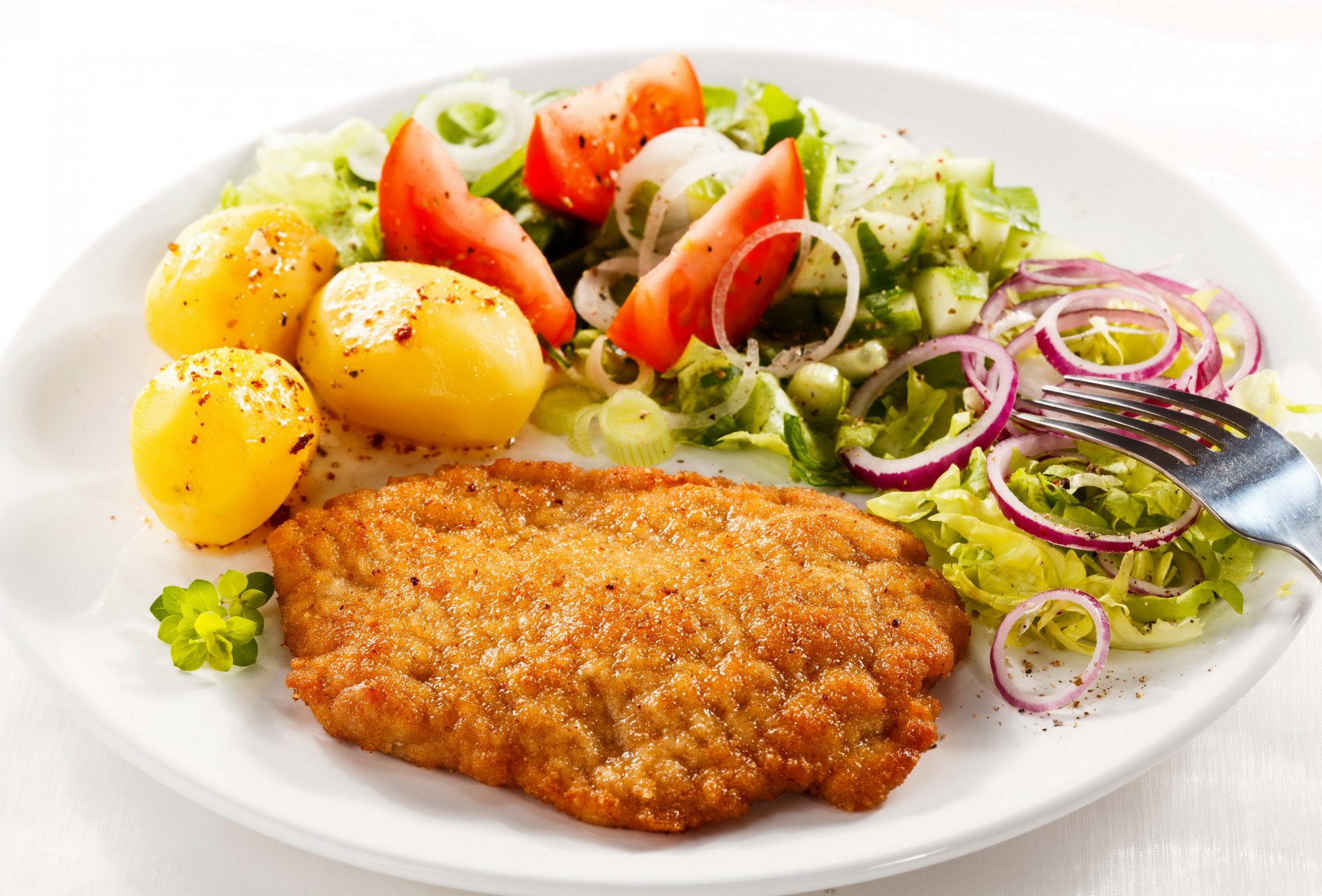 fleisch lebensmittel huhn gebacken kartoffeln tomaten zwiebeln gabel teller essen