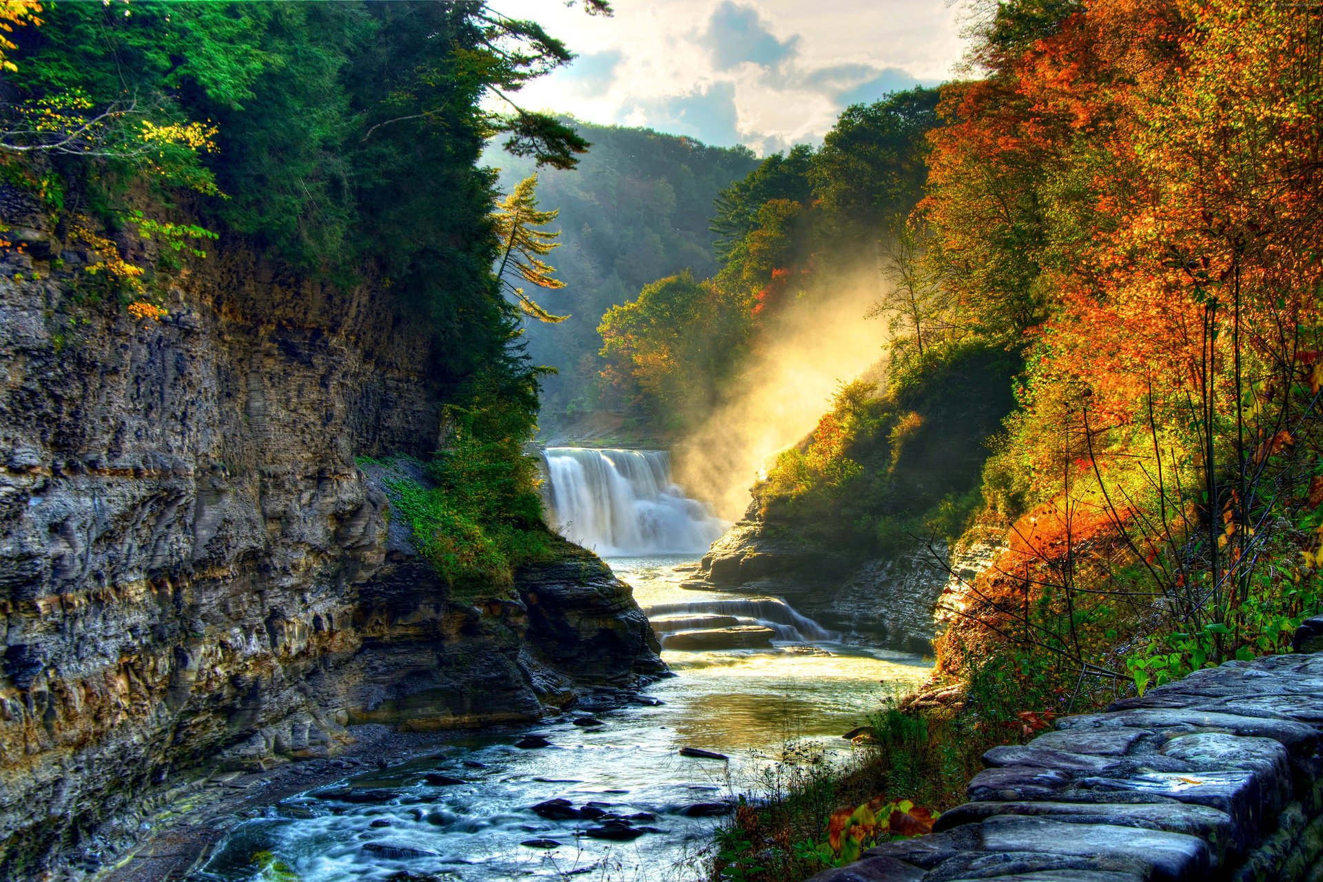 autumn waterfall river forest rock nature