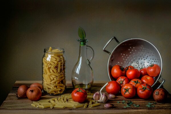 Ingredients for Italian pasta. Vegetables and spices