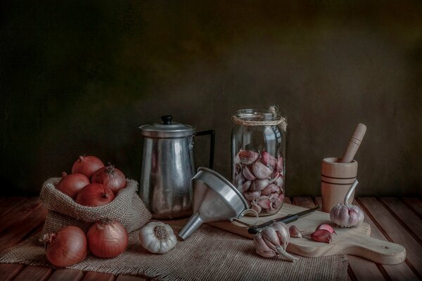 Knoblauch Zwiebel Glas Bord