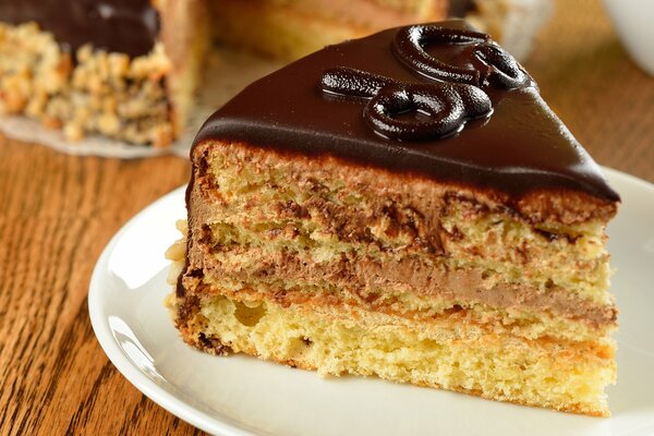 A piece of cake in chocolate icing on a plate