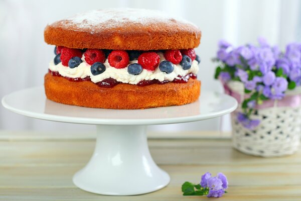 Torta di mirtilli e lamponi su un supporto